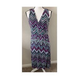 AB STUDIO MIDI DRESS, WOMENS, L, SLEEVELESS, MULTICOLORED, PLUNGING NECKLINE